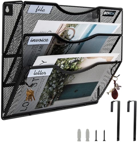 BOHDK Wall File Organizer, 3 Tire Hanging File Folder Mail Organizer, Vertical Mesh Metal Door/Wall Mount Hanging File Holder, Paper Document Magazine Rack with Hooks for Home Office Black - Image 1