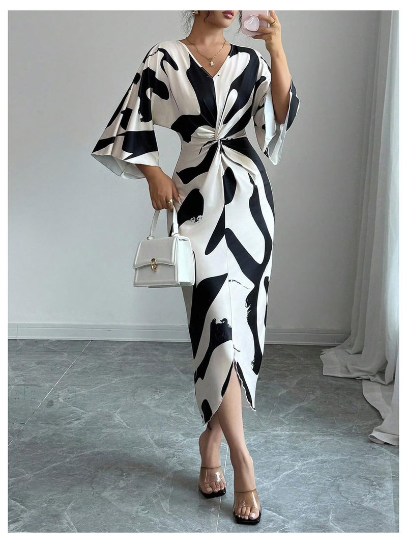 SweatyRocks Women's Twist Front V Neck Cow Print Long Dress Elegant 3/4 Ruffle Sleeve Cocktail Dresses Black and White Large - Image 5