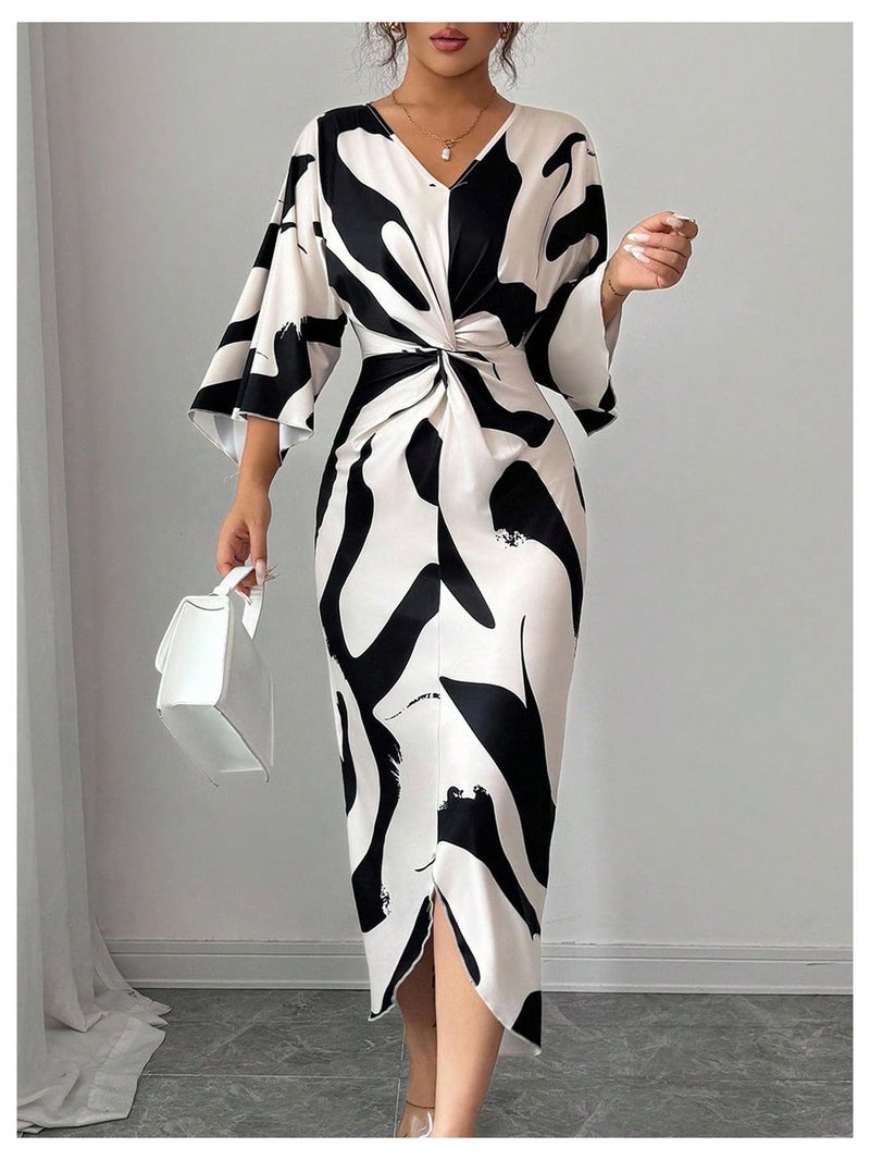 SweatyRocks Women's Twist Front V Neck Cow Print Long Dress Elegant 3/4 Ruffle Sleeve Cocktail Dresses Black and White Large - Image 4