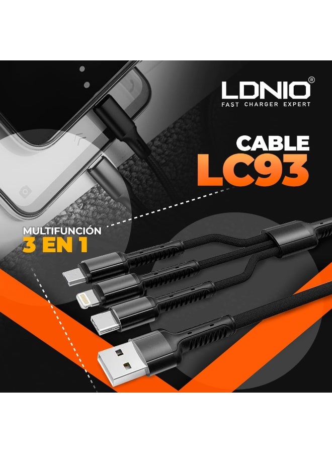 لدنيو كابل شحن سريع 3 في 1، 3.4 أمبير، LC93، 1.2 متر، USB إلى Type-C، موصلات Lightning وMicro، تصميم متين من مادة PVC للشحن السريع ونقل البيانات، مضاد للانحناء والتشابك، كابل شاحن متعدد الأجهزة - أسود - Image 3