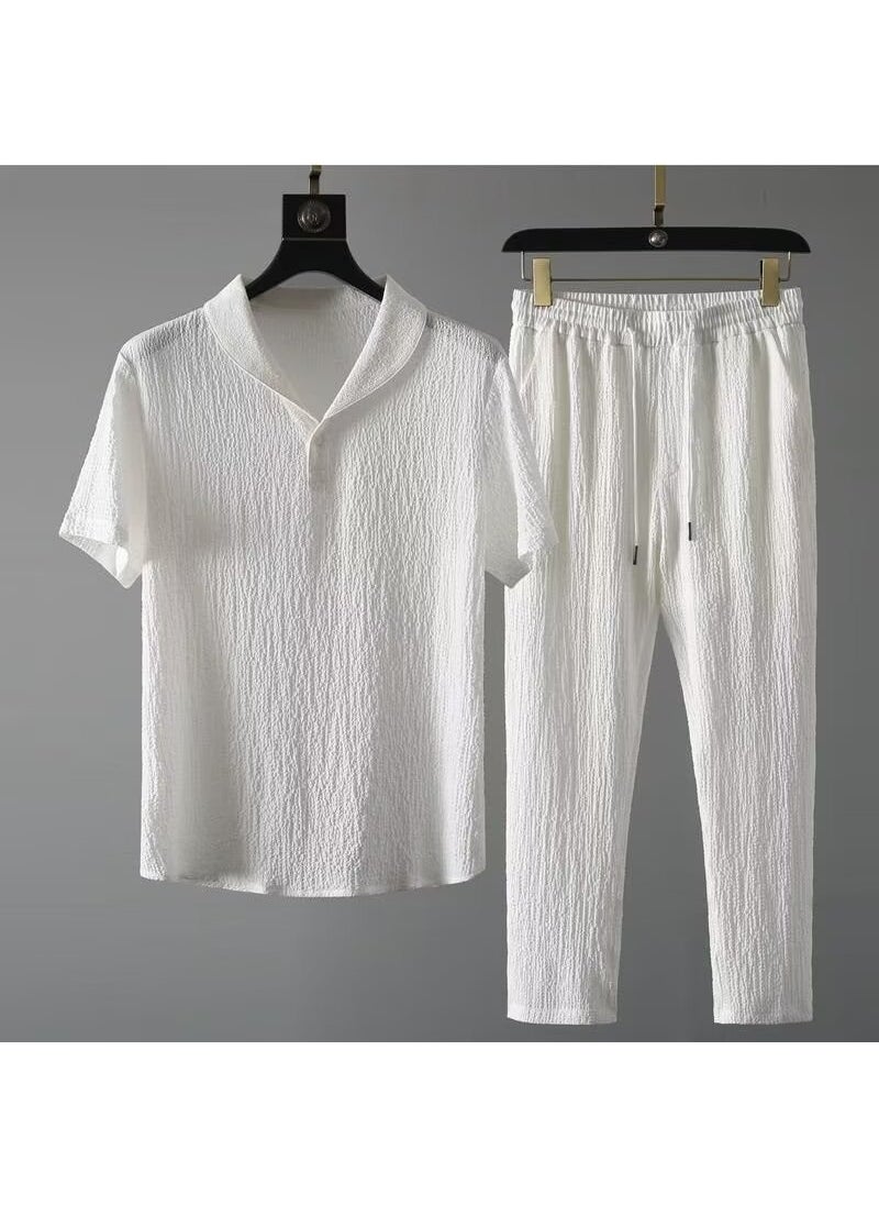 Generic Summer White Ice Silk Suit Mens Plus Size Casual Sports Short Sleeve Cropped Pants 2-Piece Set Trendy Brand Thin Cut White suit  - Image 1