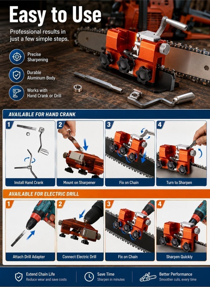 LOOPITYS Portable Chainsaw Chain Sharpener, Mini Chain Saw Sharpening Jig Kit for 4"-22" Chainsaws, Quick Precision Chain Grinding Tool, Manual & Electric Use, Chain Repair, Restoration & Maintenance Tool for Wood Cutting, Logging and Garden Care - Image 4