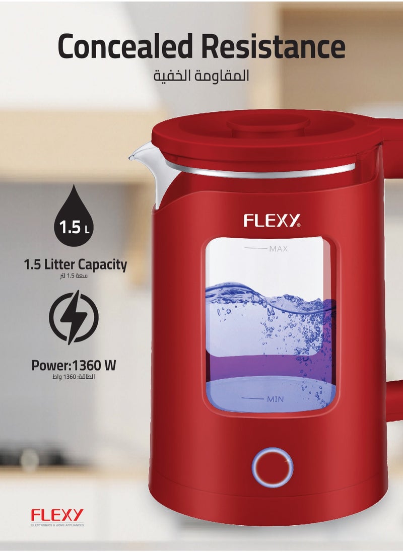 فليكسي - غلاية ماء زجاجية FLEXY® 1.5 لتر 1360 وات | جدران كريستال مزدوجة، إيقاف تلقائي | سخان الماء الفوري صانع الشاي | حماية من الغليان الجاف، قاعدة دوارة 360 درجة | مقبض بارد - Image 1