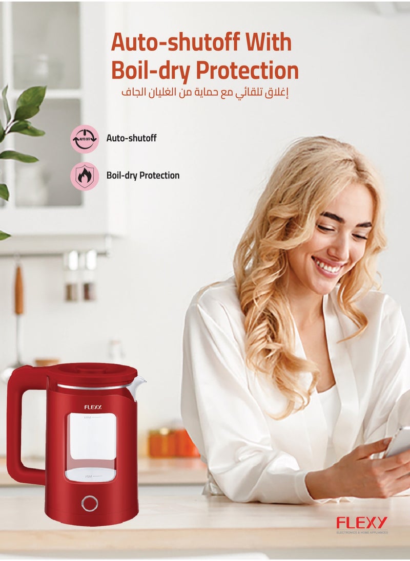 فليكسي - غلاية ماء زجاجية FLEXY® 1.5 لتر 1360 وات | جدران كريستال مزدوجة، إيقاف تلقائي | سخان الماء الفوري صانع الشاي | حماية من الغليان الجاف، قاعدة دوارة 360 درجة | مقبض بارد - Image 1
