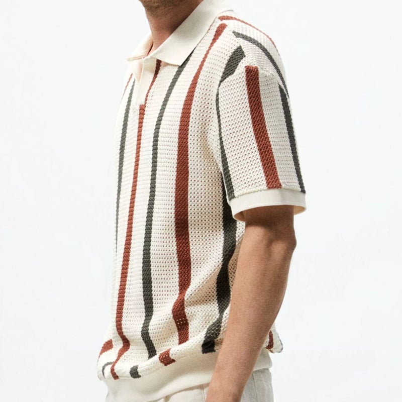 Men's Chunky Knit Hollow Out Striped Contrast Color Casual Polo Sweater - Image 3