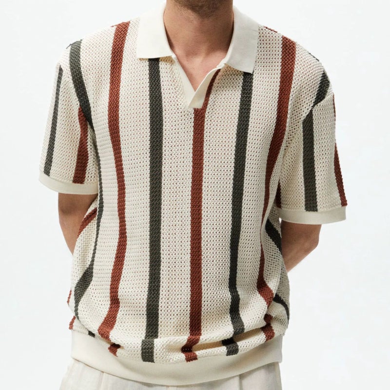 Men's Chunky Knit Hollow Out Striped Contrast Color Casual Polo Sweater - Image 2