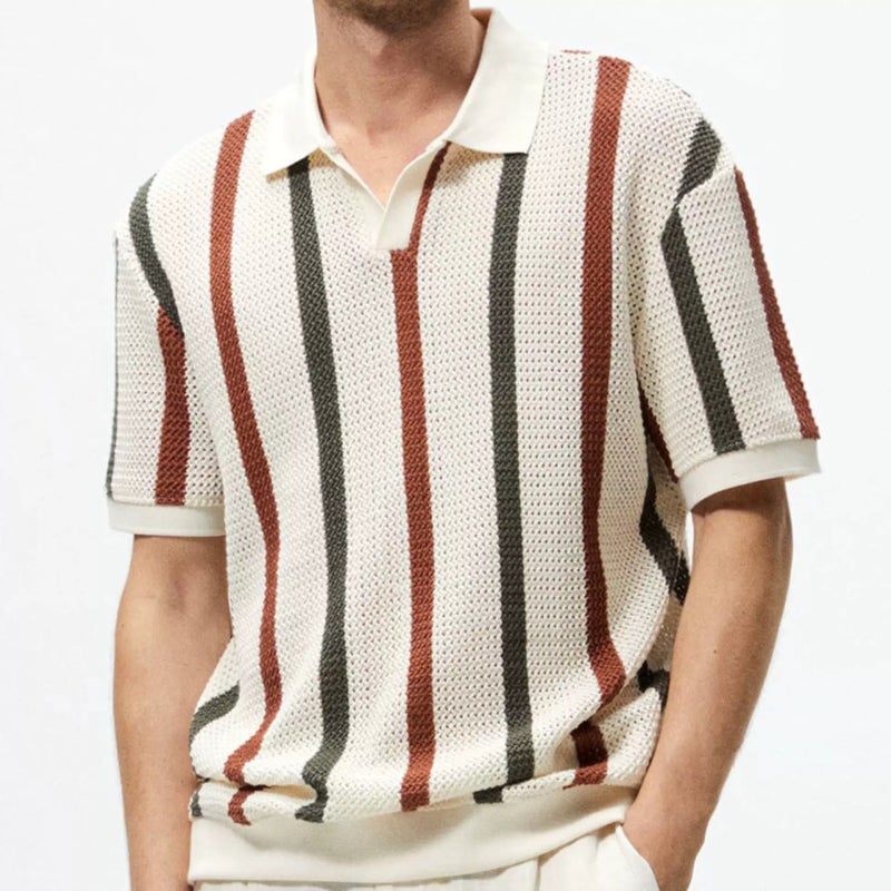 Men's Chunky Knit Hollow Out Striped Contrast Color Casual Polo Sweater - Image 1