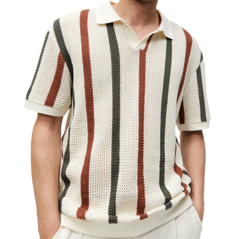 Men's Chunky Knit Hollow Out Striped Contrast Color Casual Polo Sweater - Image 5