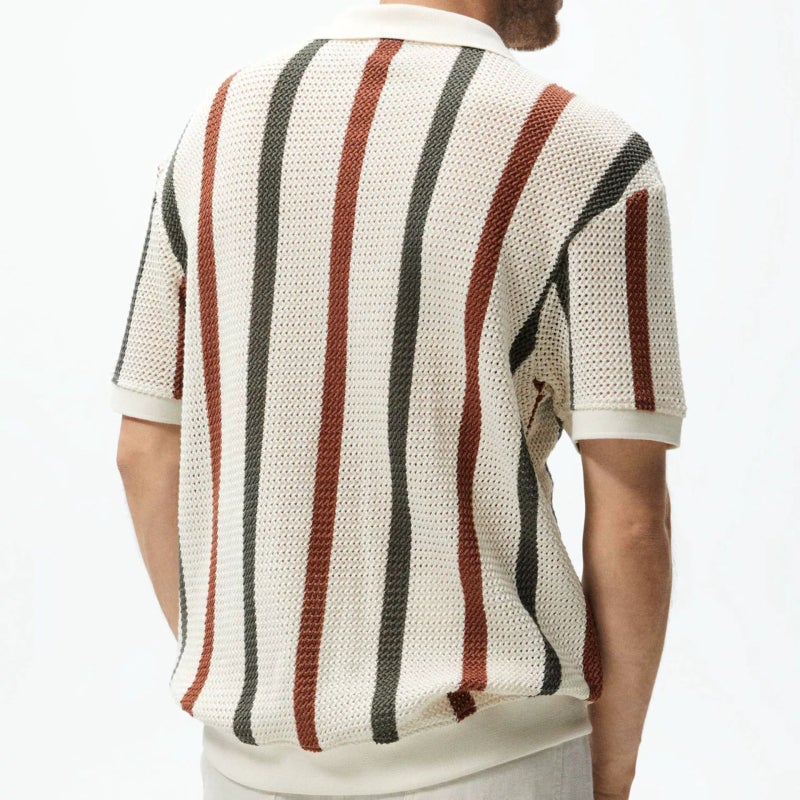 Men's Chunky Knit Hollow Out Striped Contrast Color Casual Polo Sweater - Image 4