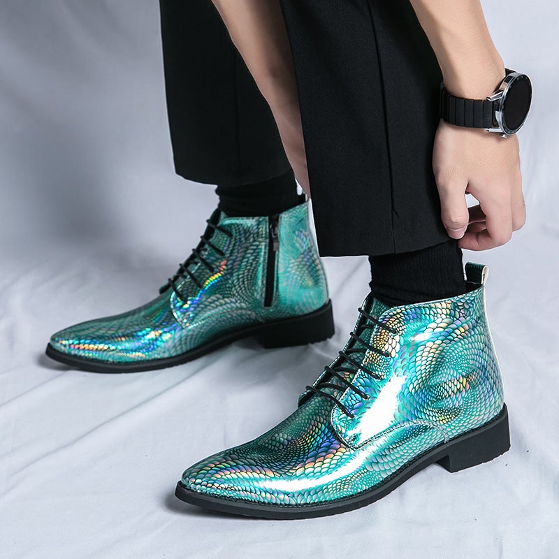 New High-Top Leather Shoes 38-48 Size British High-Top Leather Boots 2023 Plus Size Green Pointed Leather Shoes - Image 3