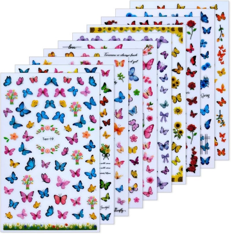 Maigitur 10Sheets Butterfly Nail Stickers Colorful Flower Nail Decals Blue Pink Purple Nail Designs Spring Summer Nails Supplies 3D Self-Adhesive Floral Nails Art Stickers for Women DIY Manicure - Image 5