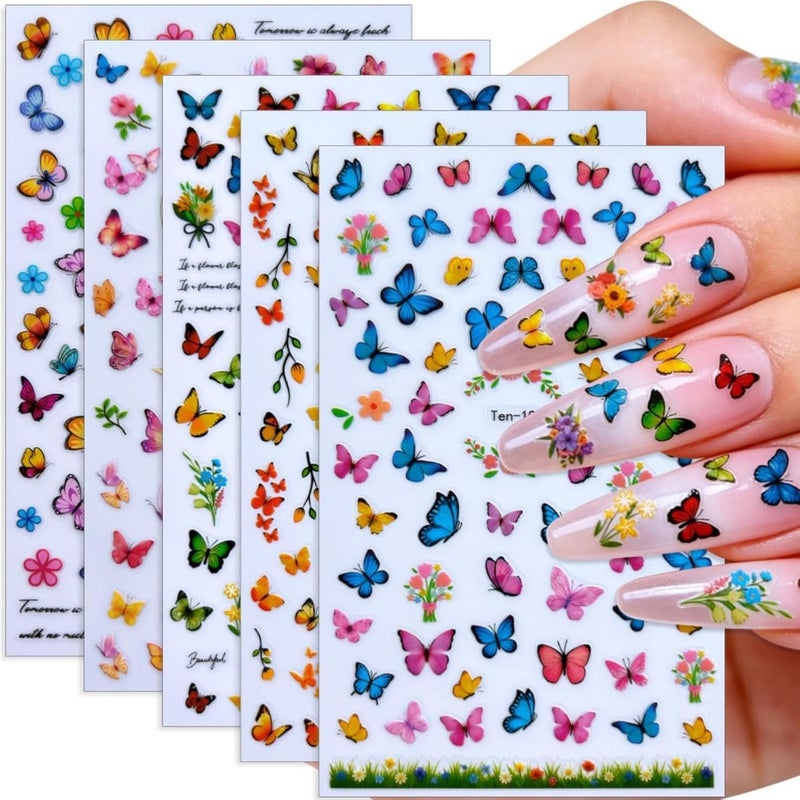 Maigitur 10Sheets Butterfly Nail Stickers Colorful Flower Nail Decals Blue Pink Purple Nail Designs Spring Summer Nails Supplies 3D Self-Adhesive Floral Nails Art Stickers for Women DIY Manicure - Image 1