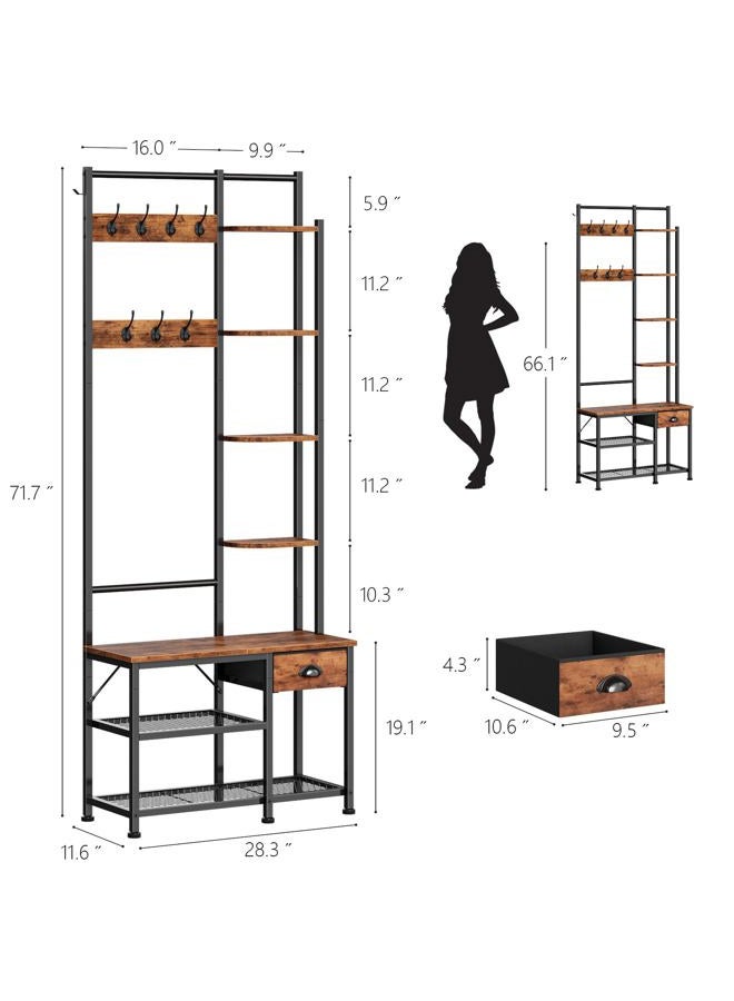 Furologee Coat Rack, Hall Tree with Bench and Shoe Rack, 4 in 1 Entryway Bench, Entryway Shoe Storage with 4 Shelves, 8 Hooks, 1 Fabric Drawer, Rustic Brown - Image 3
