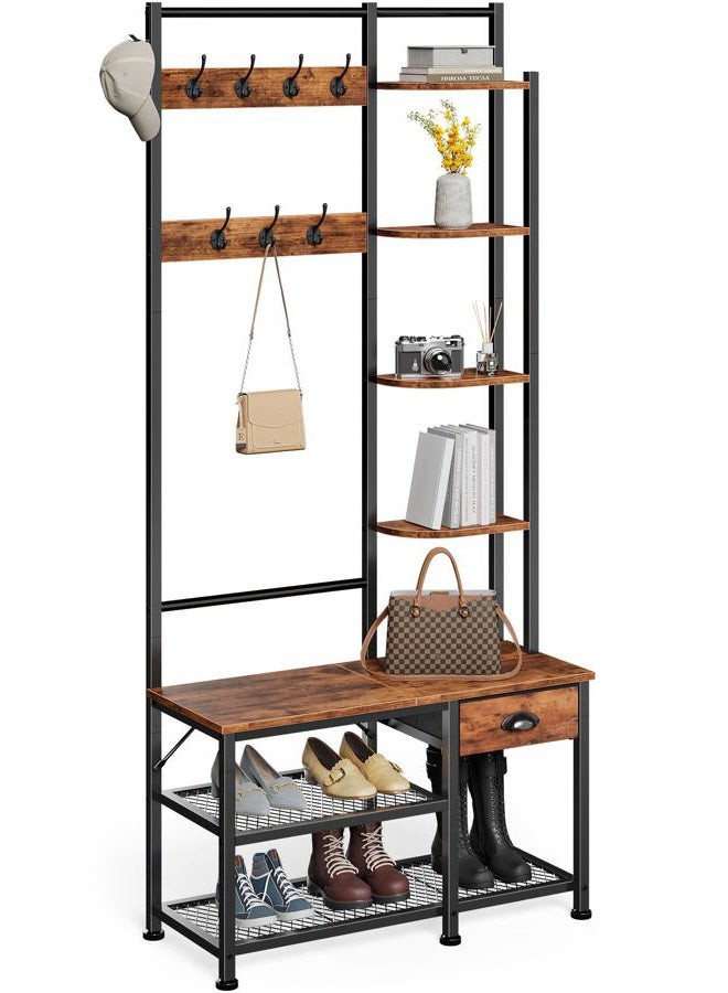 Furologee Coat Rack, Hall Tree with Bench and Shoe Rack, 4 in 1 Entryway Bench, Entryway Shoe Storage with 4 Shelves, 8 Hooks, 1 Fabric Drawer, Rustic Brown - Image 1