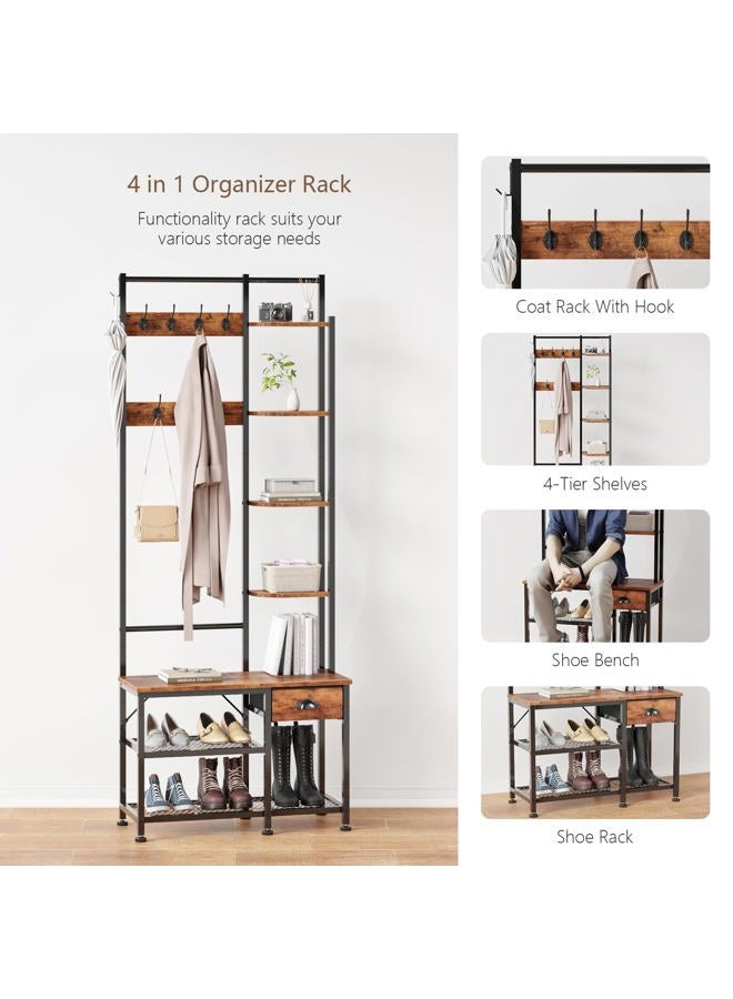 Furologee Coat Rack, Hall Tree with Bench and Shoe Rack, 4 in 1 Entryway Bench, Entryway Shoe Storage with 4 Shelves, 8 Hooks, 1 Fabric Drawer, Rustic Brown - Image 5
