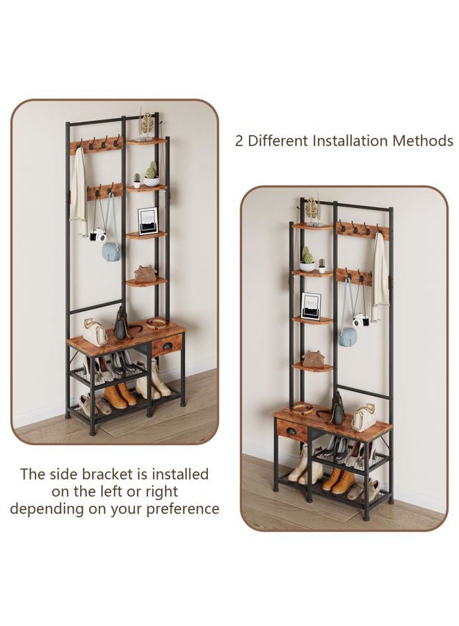 Furologee Coat Rack, Hall Tree with Bench and Shoe Rack, 4 in 1 Entryway Bench, Entryway Shoe Storage with 4 Shelves, 8 Hooks, 1 Fabric Drawer, Rustic Brown - Image 4