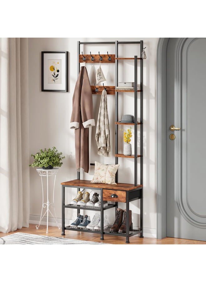 Furologee Coat Rack, Hall Tree with Bench and Shoe Rack, 4 in 1 Entryway Bench, Entryway Shoe Storage with 4 Shelves, 8 Hooks, 1 Fabric Drawer, Rustic Brown - Image 2