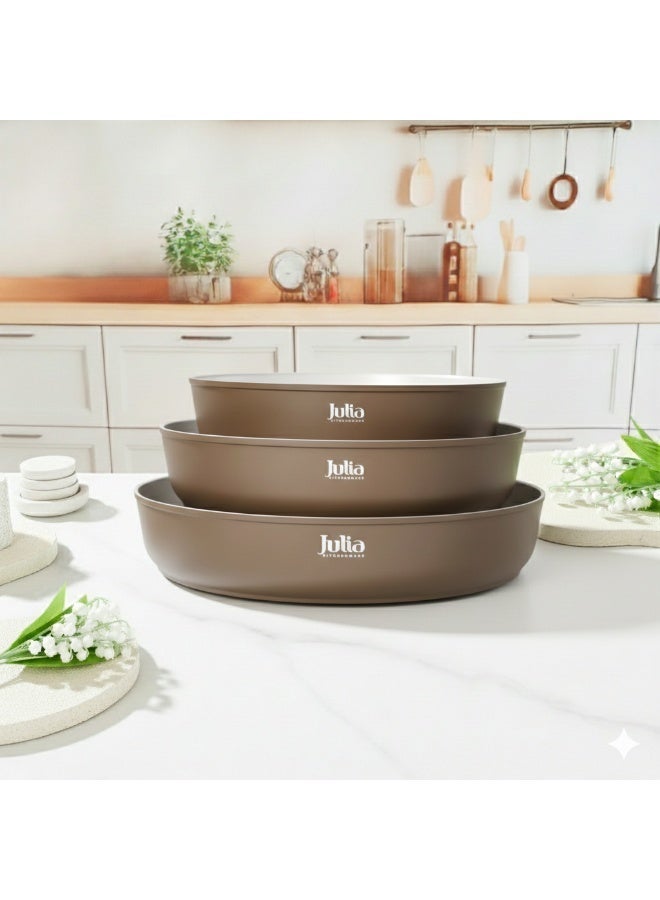 جوليا طقم مِقالي جوليا  إيليت بروف الدائرية 3 قطع - بُني - جرانيت بيج غير لاصق - يدعم الحث الحراري - Image 1