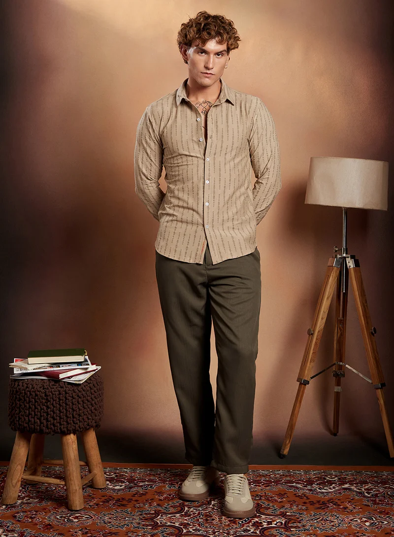 Campus Sutra Men's Sand Beige Tassel-Weave Shirt