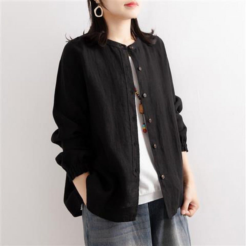 Artistic Retro Autumn Autumn Cotton Linen Shirt Womens Loose Round Neck Shirt Jacket Casual Jacket Neck Sleeve Top Women Off-white  - Image 2