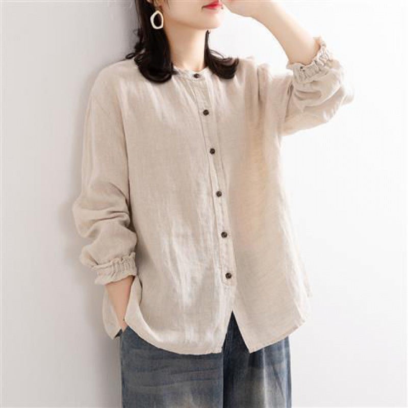Artistic Retro Autumn Autumn Cotton Linen Shirt Womens Loose Round Neck Shirt Jacket Casual Jacket Neck Sleeve Top Women Off-white  - Image 1