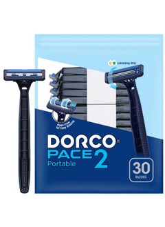 DORCO Pace 2 Plus Disposable Razor 2 Blades Pivoting Head Open-Flow No Clogging Easy Rinsing Lubricating Strip Long Non-Slip Rubber Handle (30Ct No Rubber Handle)  - Image 1