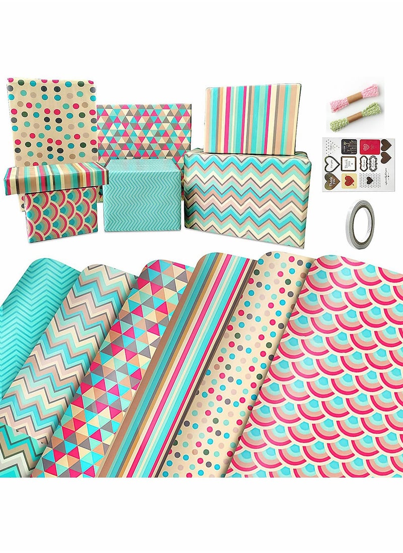 KASTWAVE - Birthday Gift Wrapping Paper Set Included 6 Pack Gift Wrap Paper with Ribbon, Sticker and Tape, for Birthday, Weddings, Graduations, Boys, Girls, All Occasion - Image 1