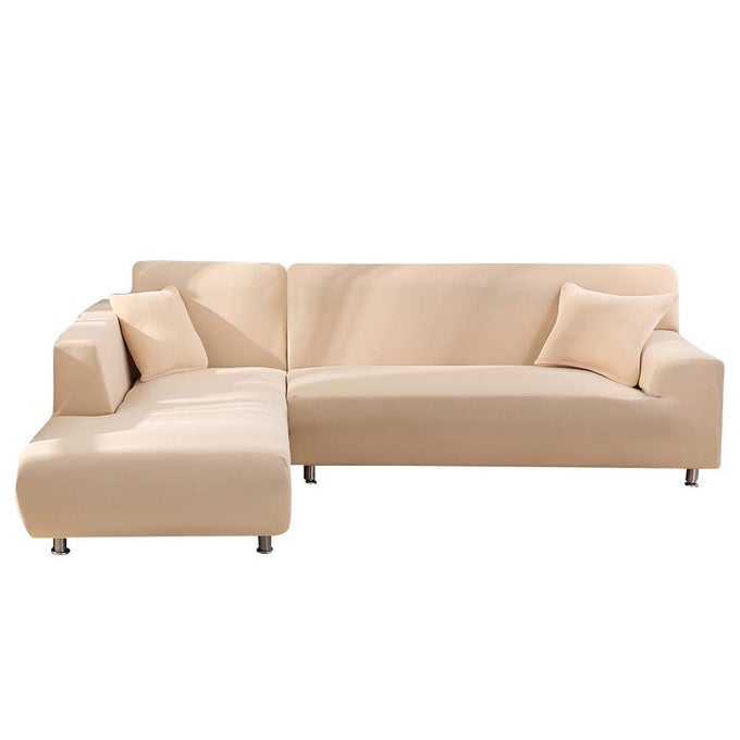 SECTIONAL SOFA COVERS L SHAPE COUCH SLIPCOVER 2PCS STRETCH ELASTIC LTYPE CHAISE SOFA COUCH FURNITURE PROTECTOR FOR LIVING ROOM PETS KIDS SOLID BEIGE