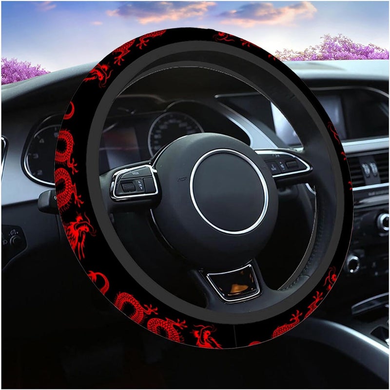 Swono Dragon Red Universal Neoprene Steering Wheel Cover - 15 Inch Abstract Chinese Dragon Design - Image 1