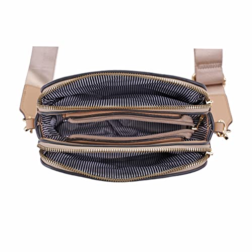 EVVE Triple Zip Small Crossbody Camera Bag with Wide Guitar Strap | Neutral - Image 5