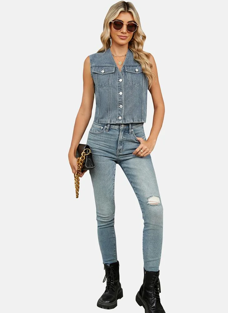 YUNIQEE Blue Plain Regular Fit Sleeveless Denim Jacket