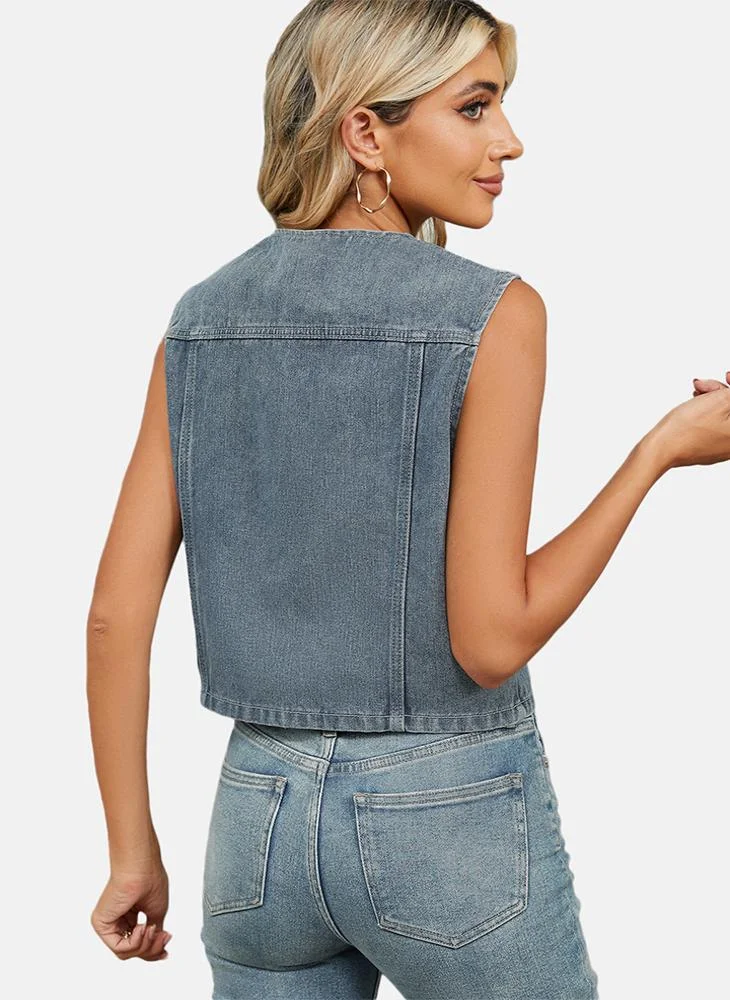 YUNIQEE Blue Plain Regular Fit Sleeveless Denim Jacket