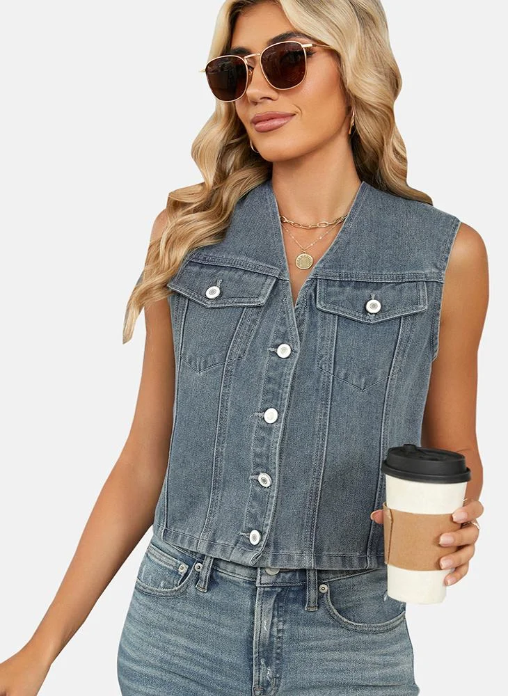YUNIQEE Blue Plain Regular Fit Sleeveless Denim Jacket