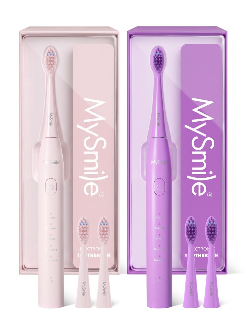 MySmile DY156 Electric Toothbrush for Adults, Rechargeable Sonic Battery Toothbrush Portable with 3 Brush Heads, 2 Mins 5 Modes Smart Timer, 45000VPM, One Charge for 60 Days (Pink, M) & MySmile DY156 Electric Toothbrush for Adults, Rechargeable Sonic Battery Toothbrush Portable with 3 Brush Heads, 2 Mins 5 Modes Smart Timer, 45000VPM, One Charge for 60 Days (Purple, M) Bundle - Image 1