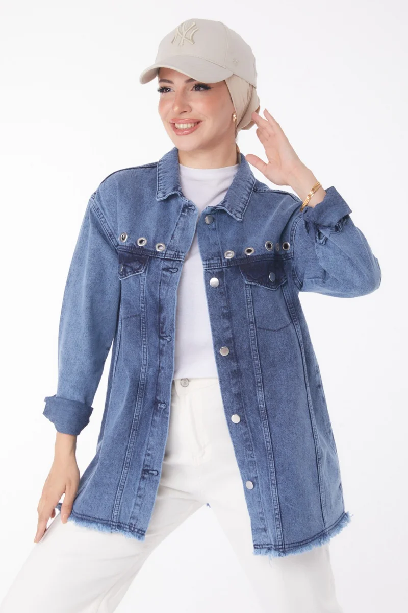 Tofisa Plain Shirt Collar Women's Blue Bird Eye Denim Jacket - 25363
