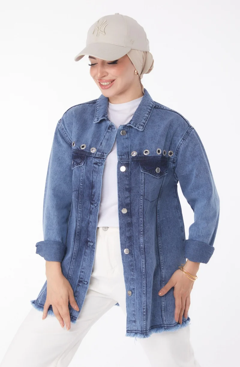 Tofisa Plain Shirt Collar Women's Blue Bird Eye Denim Jacket - 25363