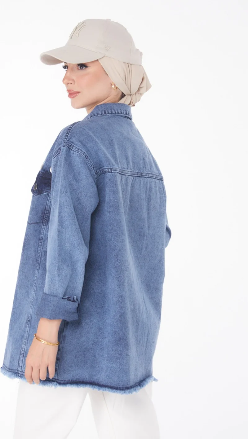 Tofisa Plain Shirt Collar Women's Blue Bird Eye Denim Jacket - 25363