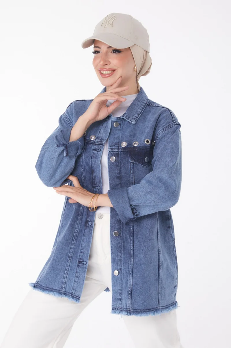 Tofisa Plain Shirt Collar Women's Blue Bird Eye Denim Jacket - 25363