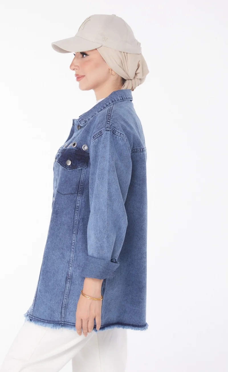 Tofisa Plain Shirt Collar Women's Blue Bird Eye Denim Jacket - 25363