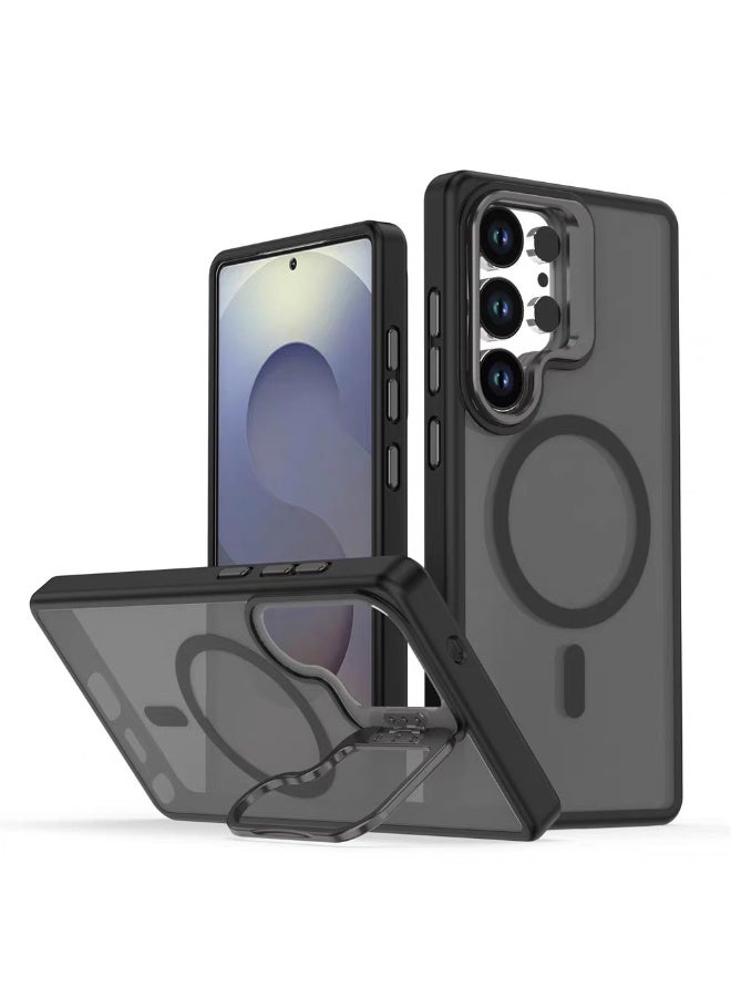 Samsung S25 Ultra with bracket case, MagSafe compatible, translucent matte magnetic shockproof back cover with powerful magnet, ultra-full case for Galaxy S25 Ultra 5G (black)