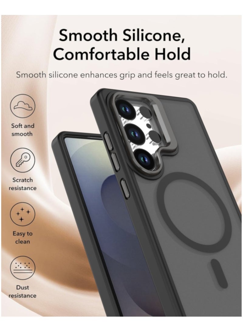 حافظة واقية من سامسونج S25 Ultra مع قوس، متوافقة مع MagSafe، غطاء خلفي مغناطيسي متجمد شفاف مقاوم للصدمات مع مغناطيس قوي، حافظة واقية فائقة الكامل لجهاز Galaxy S25 Ultra 5G (أسود) - Image 5