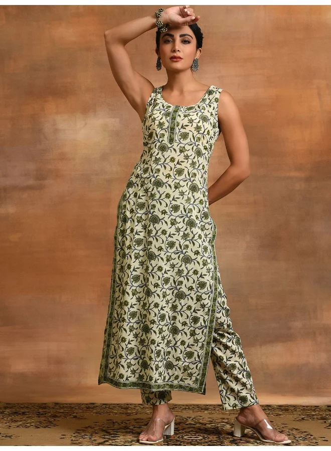 AKS AKS Floral Printed Pure Cotton Straight Kurta with Trousers