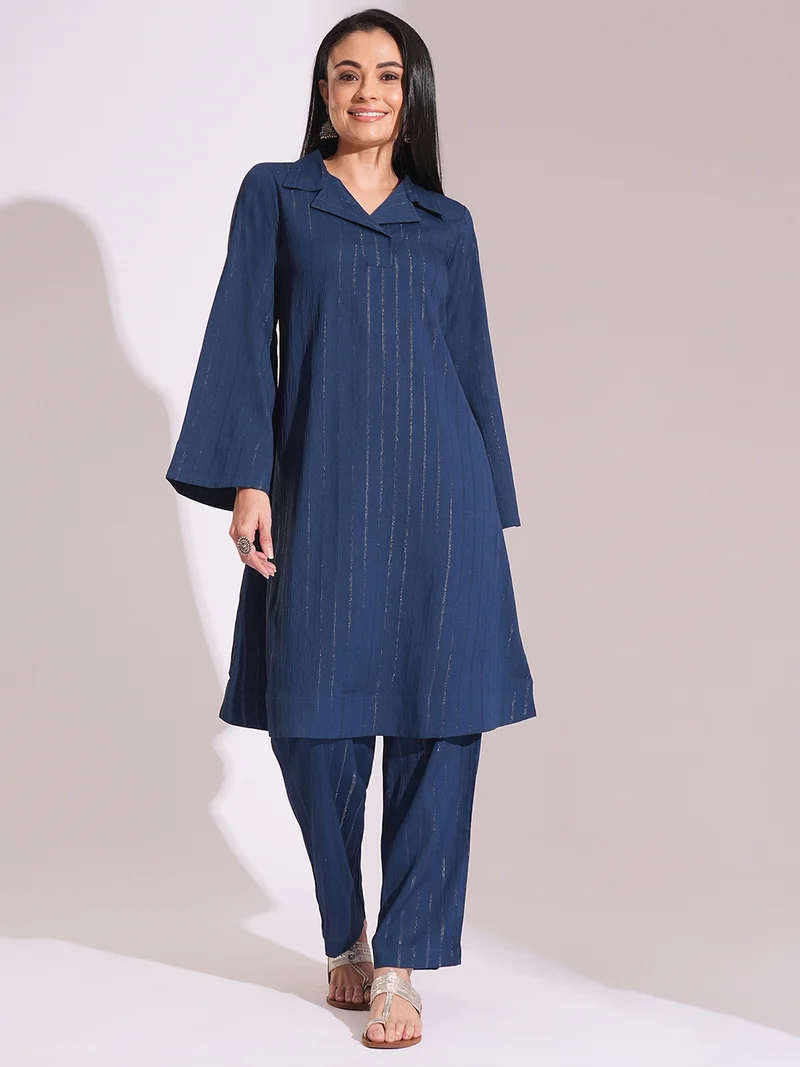 globus Women Shimmer Woven Design Notched Lapel Bell Sleeves Kurta & Straight Pants Workwear Set