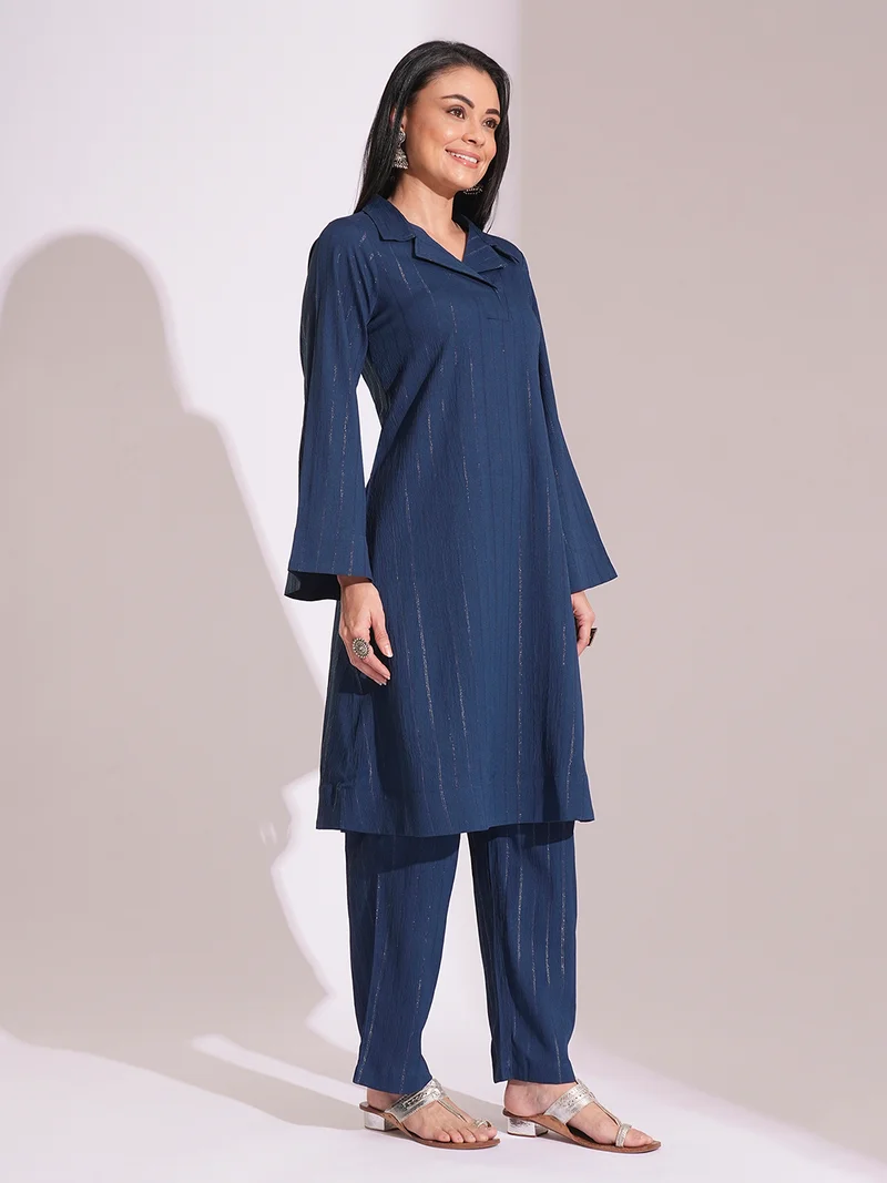 globus Women Shimmer Woven Design Notched Lapel Bell Sleeves Kurta & Straight Pants Workwear Set