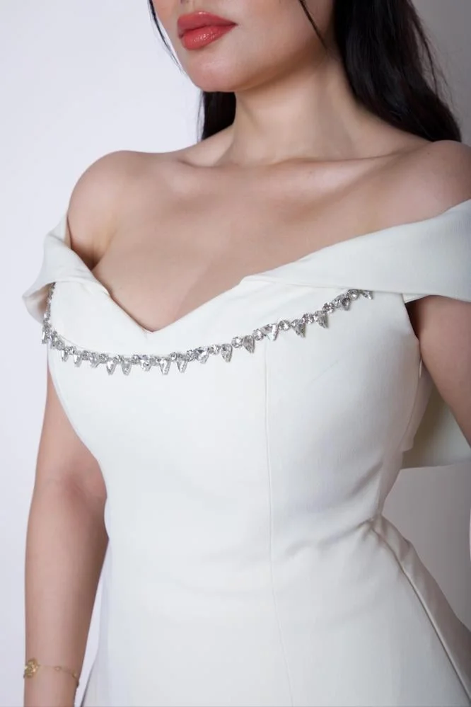 Opera Fashion Ivory Off-Shoulder Crepe and Chiffon Evening Gown