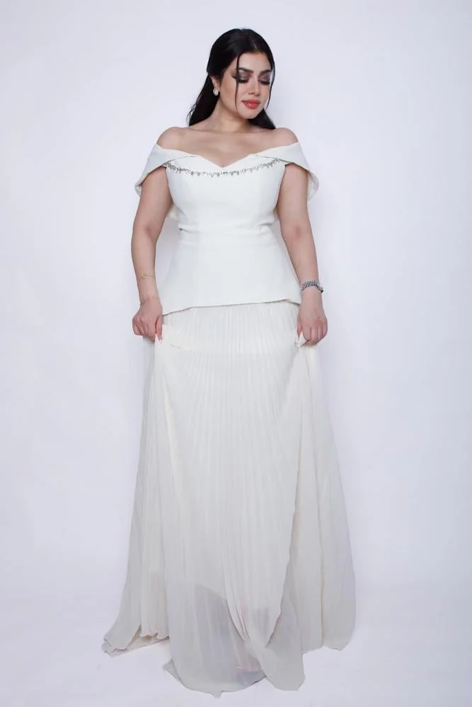 Opera Fashion Ivory Off-Shoulder Crepe and Chiffon Evening Gown
