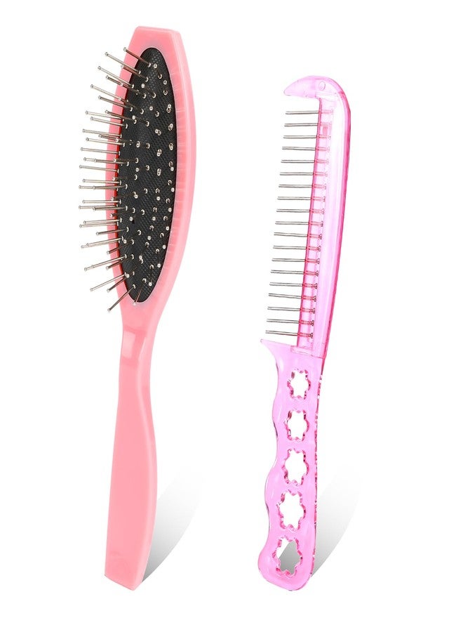 Styquenzer Wig Brushes for Synthetic Hair, 2 Pieces Stainless Steel Teeth Wig Brushes Portable Synthetic Doll Wigs Brush Metal Wire Wet Hair Extension Brush for Women Girls Dolls, Pink - Image 1