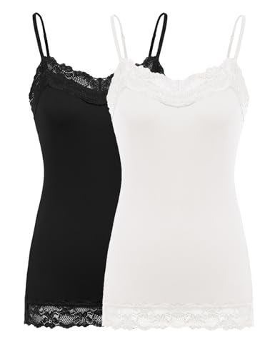 Kate Kasin Womens Lace Tank Top, Adjustable Strap Spaghetti Black Cami,2 Pack Camisole Y2K(Black+White, XL) - Image 1
