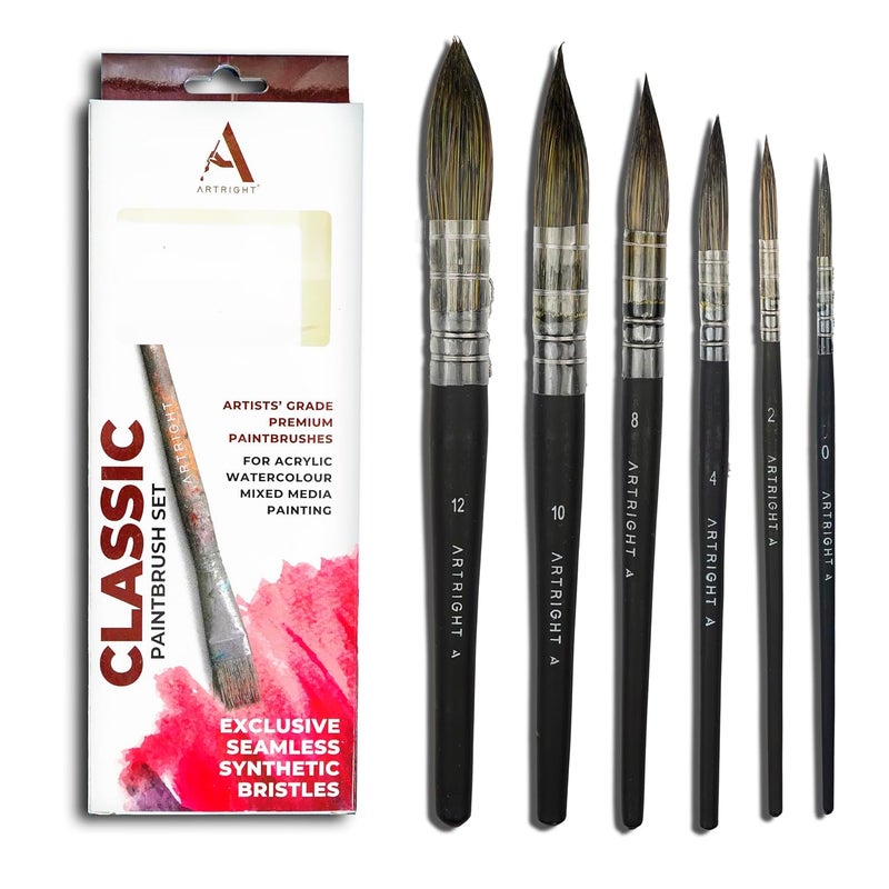 Artright Premium Mop Painting Brush Set Sizes 0 2 4 8 10 12 Premium Black Synthetic Hair Brushes for Watercolor Gouache Acrylic Painting Ideal for Artists Beginners - Image 1