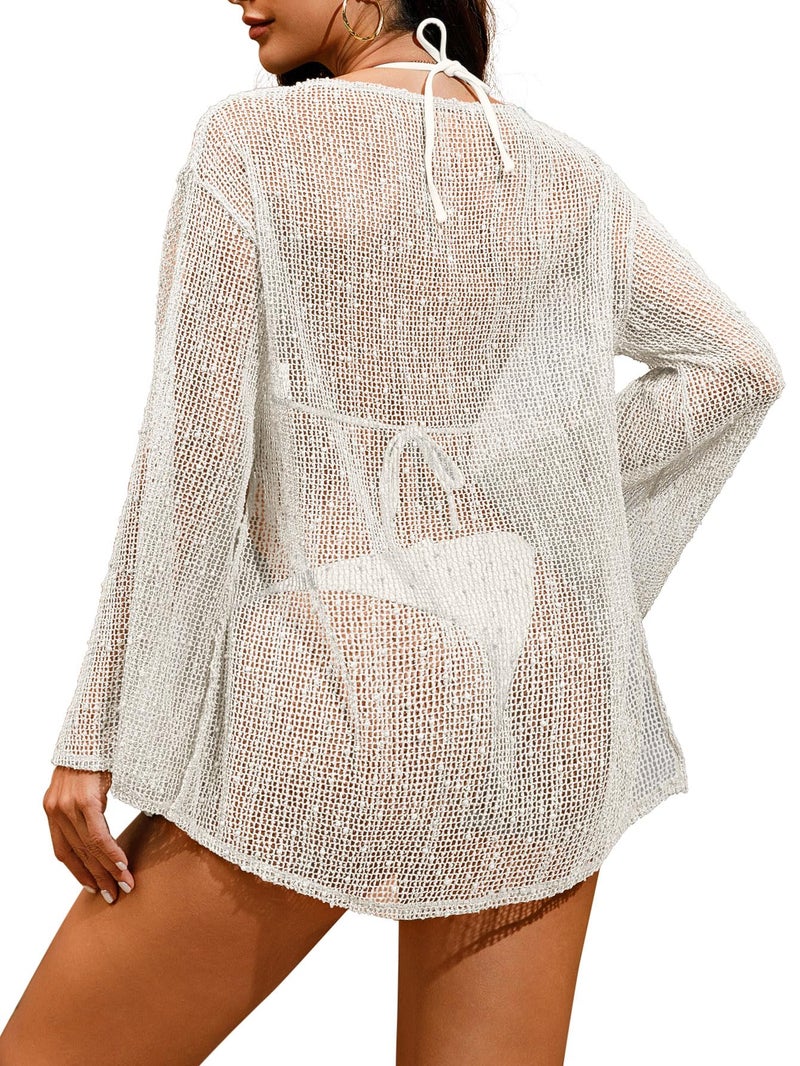 Lilosy Plus Size Sexy Crochet Mesh Sheer Long Sleeve Dress Beach Bathing Suit Swim Coverup One Piece Women Knit See Through Swimsuit Bikini Swimwear Cover up White XX-Large - Image 3